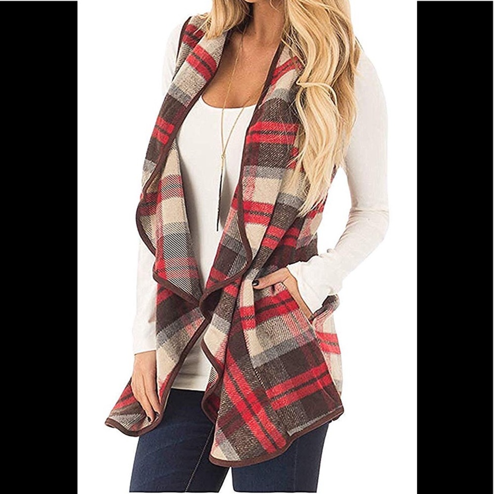 Red plaid cardigan vest with pockets.